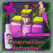 a construction wednesday greeting card with a picture of a transformer and a syringe