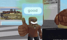 a cartoon character is giving a thumbs up in front of a sign that says good