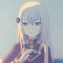 a girl with long white hair and blue eyes is wearing a red top
