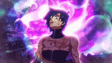 a man with blue hair is standing in front of a purple and blue background
