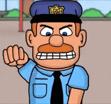 a cartoon drawing of a police officer wearing a blue hat and tie