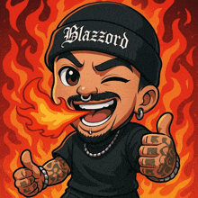 a cartoon drawing of a man wearing a blazzard beanie