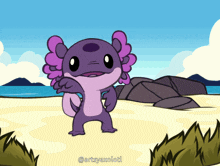a cartoon of a purple axolotl standing on a sandy beach