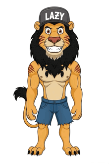 a cartoon lion wearing a lazy hat and shorts