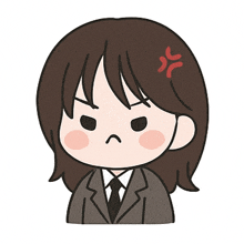 a cartoon drawing of a girl in a suit and tie with an angry look on her face