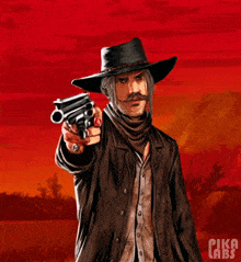 a man in a cowboy hat is pointing a gun at something