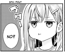 a black and white drawing of a girl with a speech bubble that says no ?