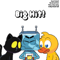 a cartoon of a cat a robot and a duck with big hit written on it