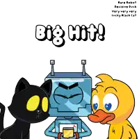 a cartoon of a cat a robot and a duck with big hit written on it