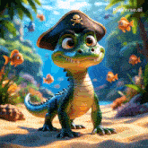 a cartoon alligator wearing a pirate hat with a crossbones on it