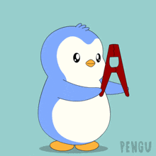a cartoon penguin is holding a red object and says ahahahaha