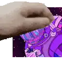 a cat 's hand is reaching out towards a purple astronaut .