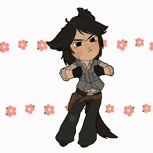 a cartoon drawing of a man with a wolf tail and flowers in the background
