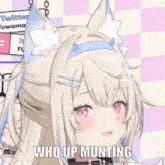 a girl with cat ears says who up munting on a checkered background