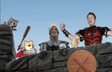 a man in a knight 's armor with a doge and a chicken