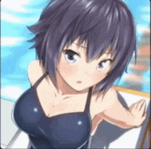 a girl with short purple hair is wearing a swimsuit and looking at the camera .