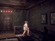 a girl in a white dress is standing in a dark room with spikes on the wall
