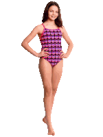 a young girl in a pink swimsuit with a pattern of skulls on it