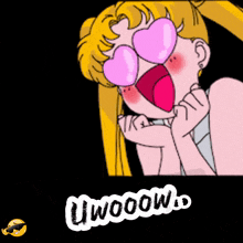 a cartoon drawing of a girl with heart shaped glasses and the words uwoow