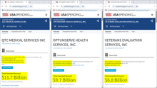 three screenshots of usaspending.gov showing qtc medical services inc