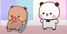 a cartoon bear is sitting on a chair while another bear is standing next to it .