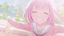 a girl with pink hair is smiling and holding her arms out
