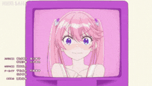 a cartoon of a girl with pink hair is on a purple screen