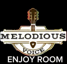 a sign for melodious voice enjoy room with a guitar on it