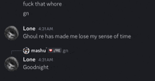 a screenshot of a conversation between mashu and lone at 3:31 am