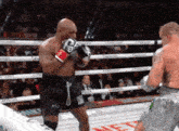 two boxers in a ring with one wearing shorts that say byu on them