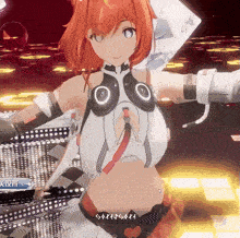 a girl with red hair is wearing headphones and has the number 666 on her chest