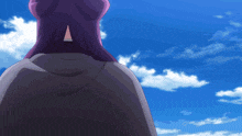 a woman with purple hair stands in front of a blue sky with clouds