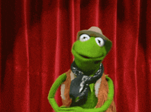 kermit the frog wearing a cowboy hat and scarf
