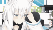 a girl with white hair and blue eyes is standing in front of a chair
