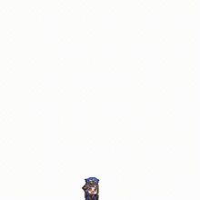 a pixel art of a girl standing next to a red block with three black holes in it .