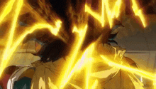 a close up of a person 's face with a lot of yellow lights coming out of it .