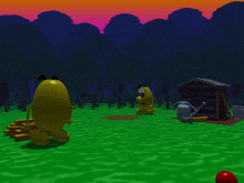 a cartoon character is standing in a field with red balls in his mouth