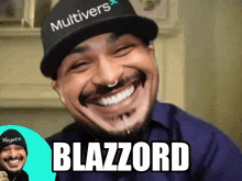 a man wearing a hat that says multivers is smiling