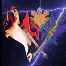 a naked woman is holding a guitar in front of a lightning strike