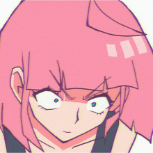 a drawing of a girl with pink hair and blue eyes making an angry face