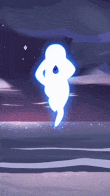 a white ghost is floating in the air with a purple sky in the background