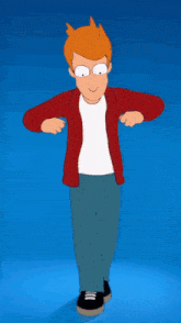 fry from futurama is dancing on a blue surface
