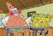 patrick and spongebob are sitting at desks in a classroom