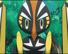 a cartoon character with a bird 's head and wings is looking at the camera .