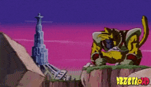 a cartoon character is sitting on top of a rock in front of a tower .