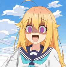 a girl with blonde hair and purple eyes is wearing a sailor suit