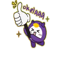 a sticker of a purple penguin giving a thumbs up with the words okeaaa above it