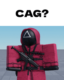 a roblox character with a triangle mask and a sniper rifle with the words cag on the top
