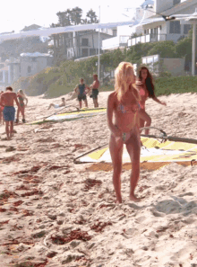 a woman in a bikini walking on a beach