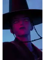 a close up of a person wearing a black hat with red eyes